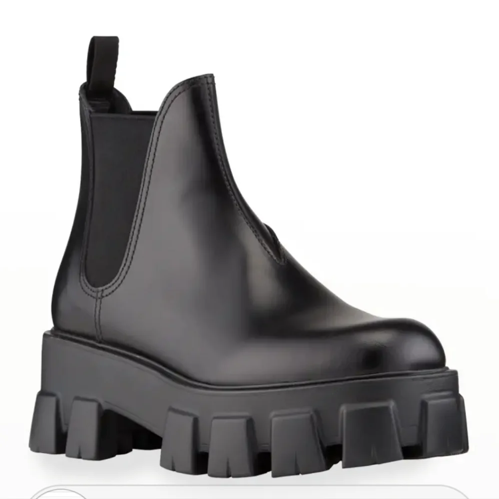 Prada Black Leather Chunky Lug-Sole Chelsea Ankle Boots - Picture 2 of 10